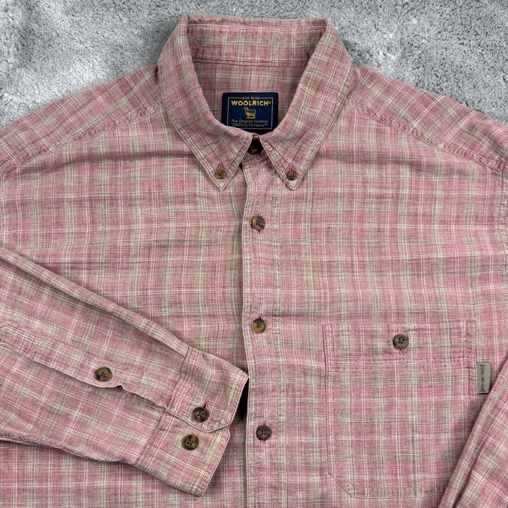 Woolrich Pink Windowpane Plaid Button up Shirt Mens L 100% Cotton Long Sleeve
